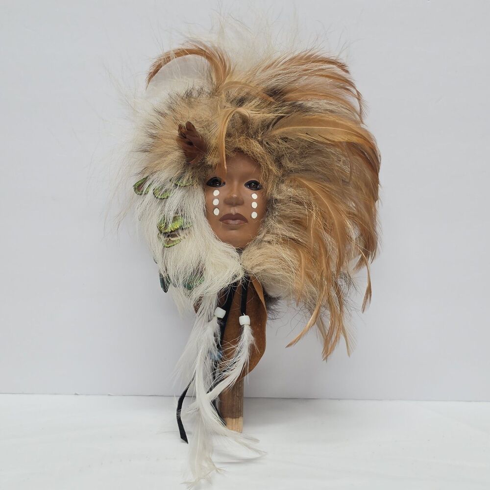 Vintage Native American Spirit Mask With Fur And Peacock Feathers Accent NO BASE